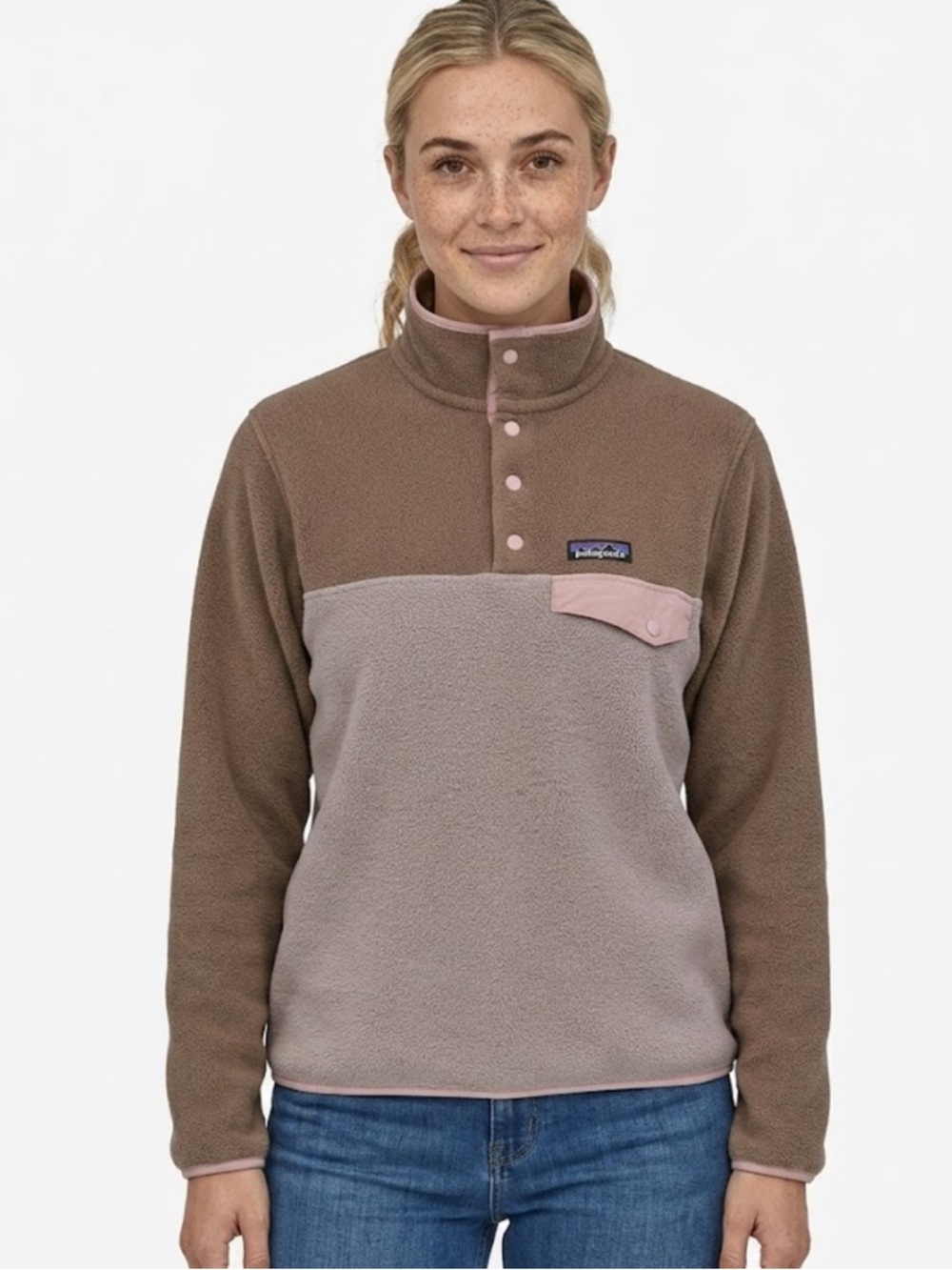 Patagonia Lightweight Synchilla Snap-T Pullover in Taupe and Pink - Size Medium
